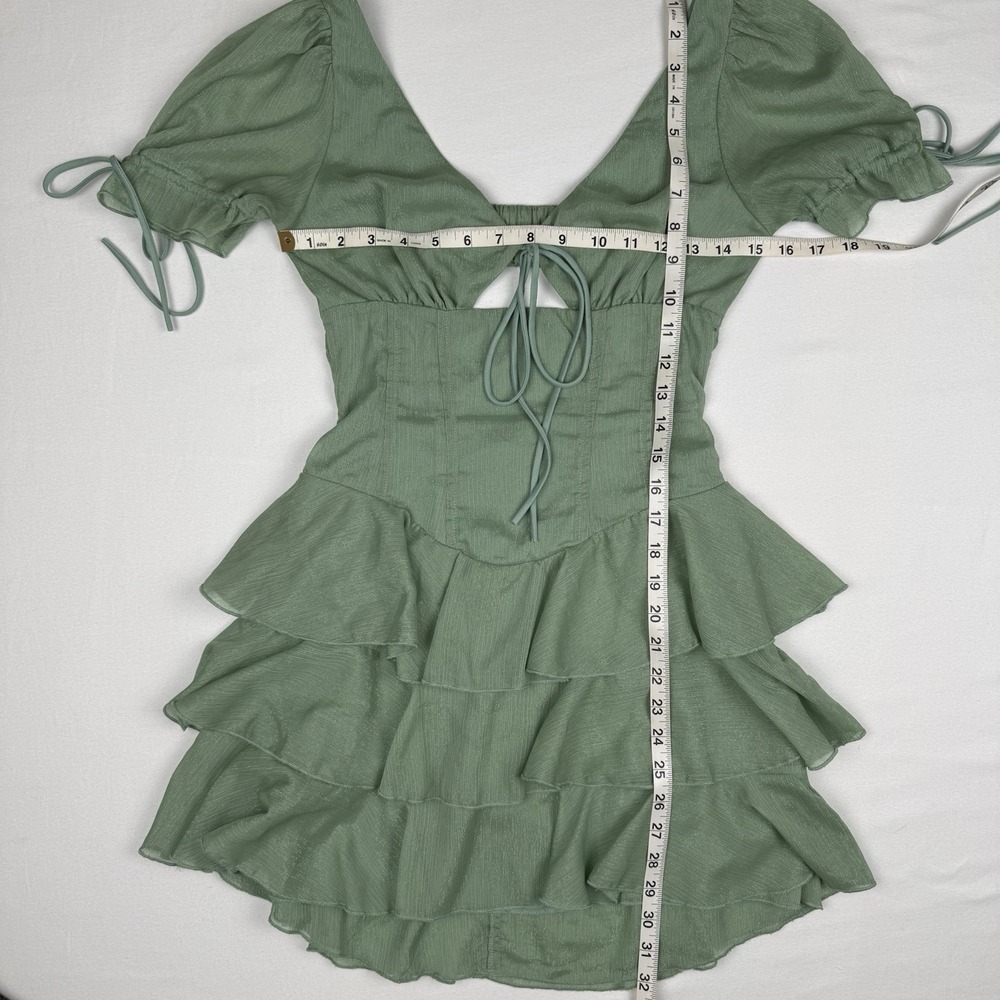 New Lucy In The Sky Ruffle Corset Mini Dress Small Green Short Sleeve Open Back - Picture 6 of 6